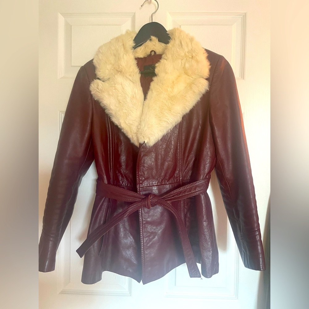 Vintage burgundy leather coat with white fur collar